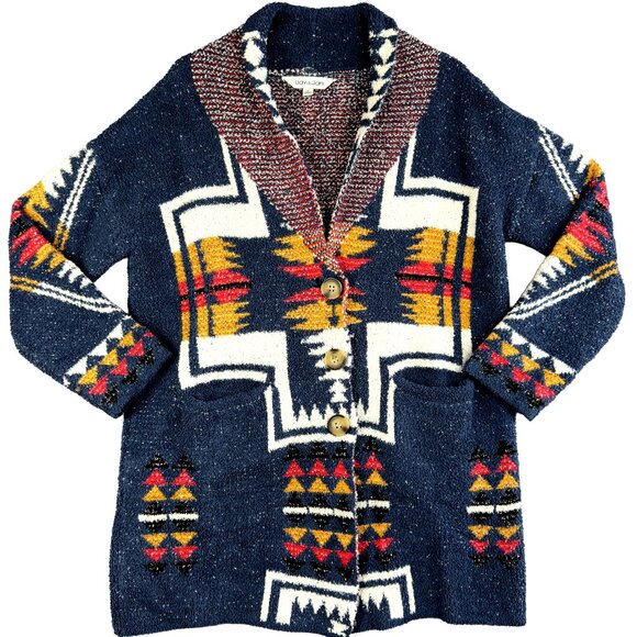 DAVI & DANI Sweaters - Davi & Dani Southwestern Knit Shawl Collar Cardigan, Size S – Navy Multi